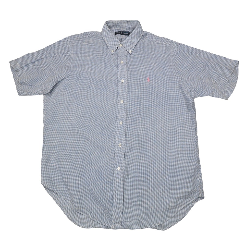 RALPH LAUREN Men's L Blue White Gingham 100% Linen Short Sleeve Button Up Shirt - Picture 2 of 8